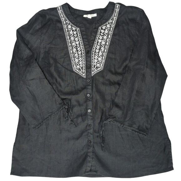 JM Collection Blouse 18W Black White Embroidered Linen Button Front Tunic Plus - Picture 1 of 10